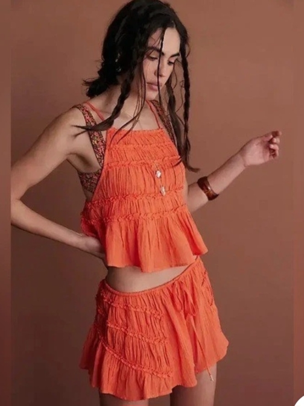 Free People Orange Tiered Mini Shorts